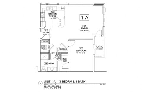 Floor plan for 1 bed, 1 bath, 895 sqft